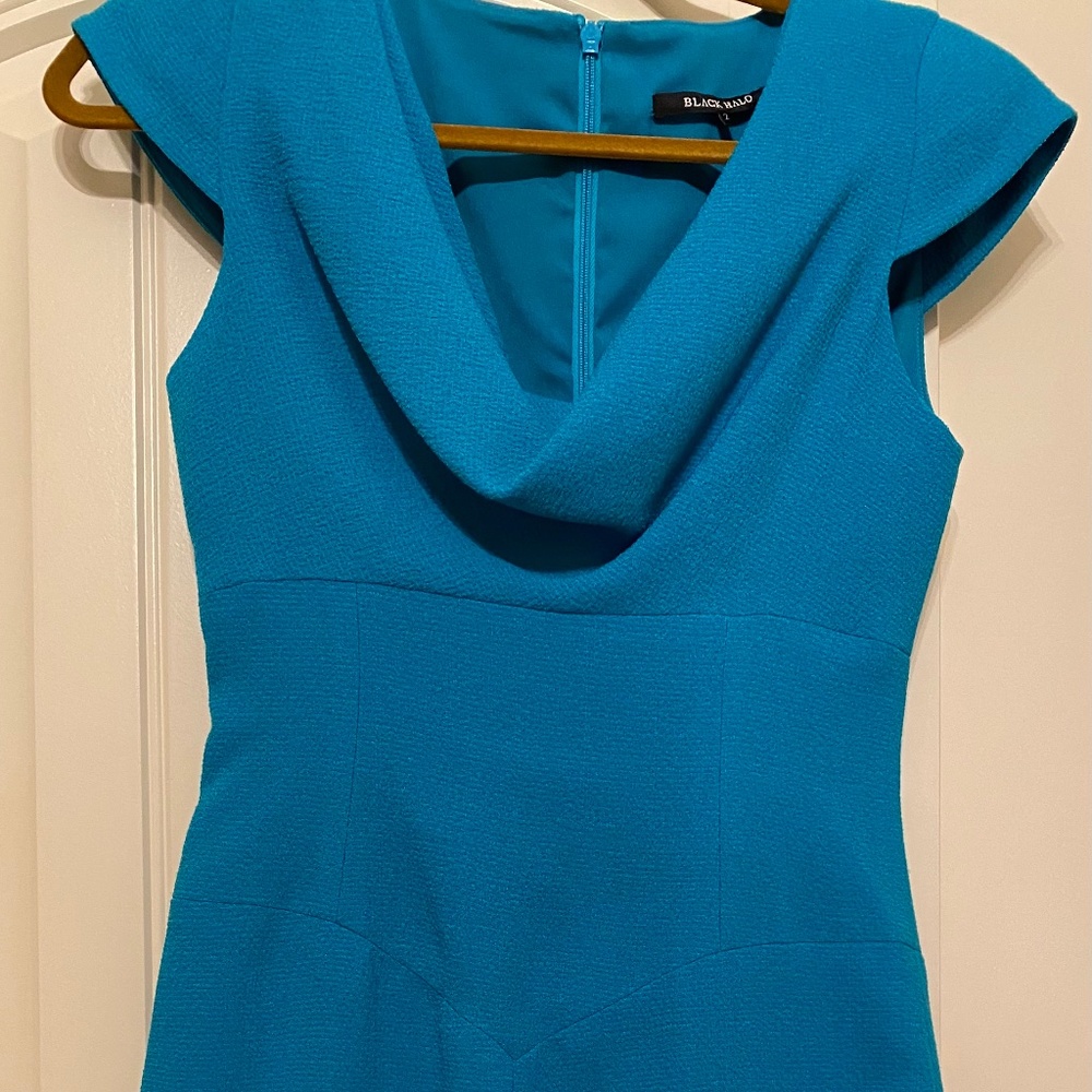 Black Halo Turquoise Draped Midi Dress